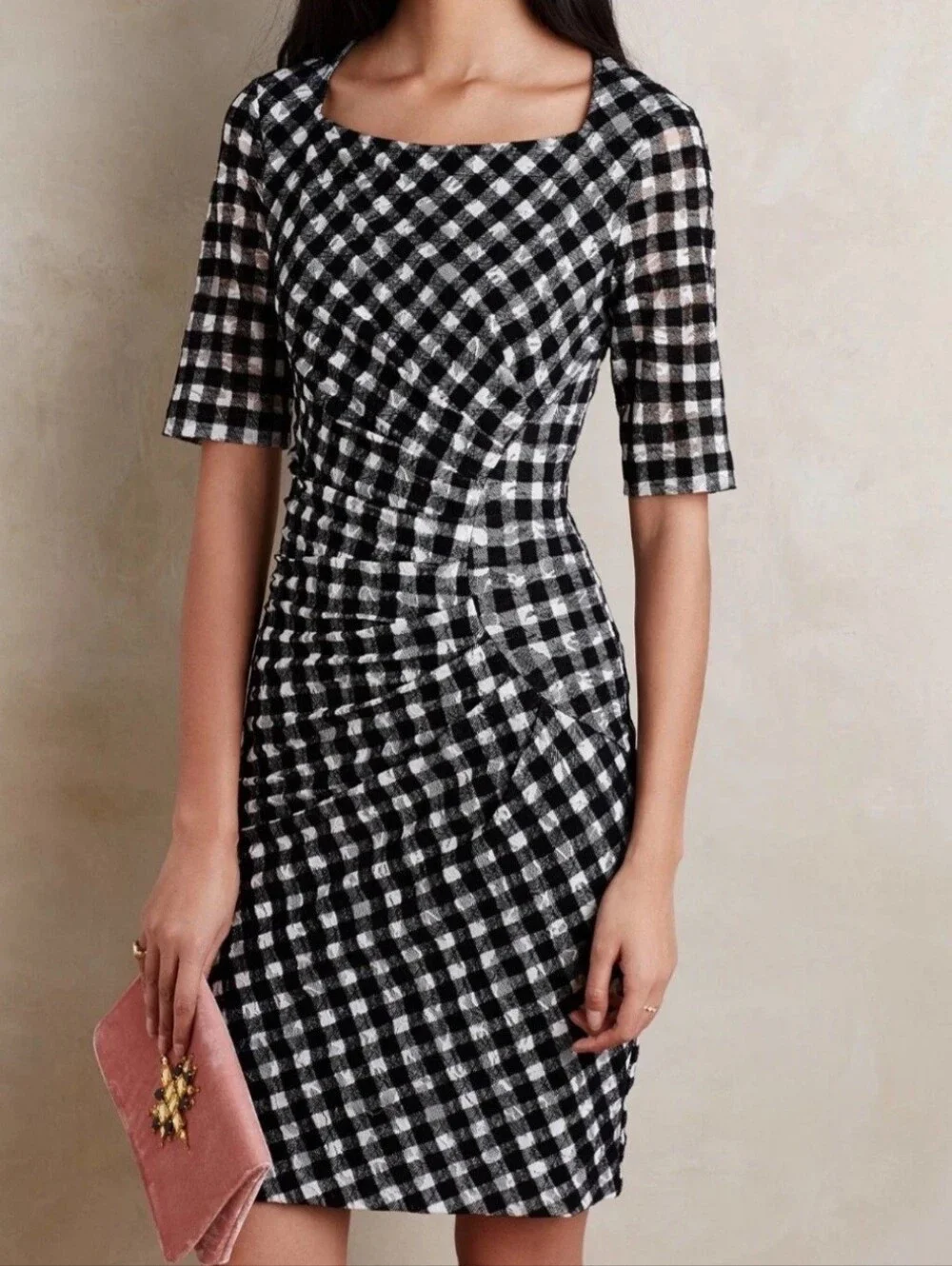 MAEVE Black White ELORN Lace Check Dress‎ Ruched Short Sleeve Size 6